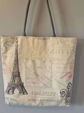 Eiffel Tower Print Canvas Tote Bag in Beige with Gray Handles